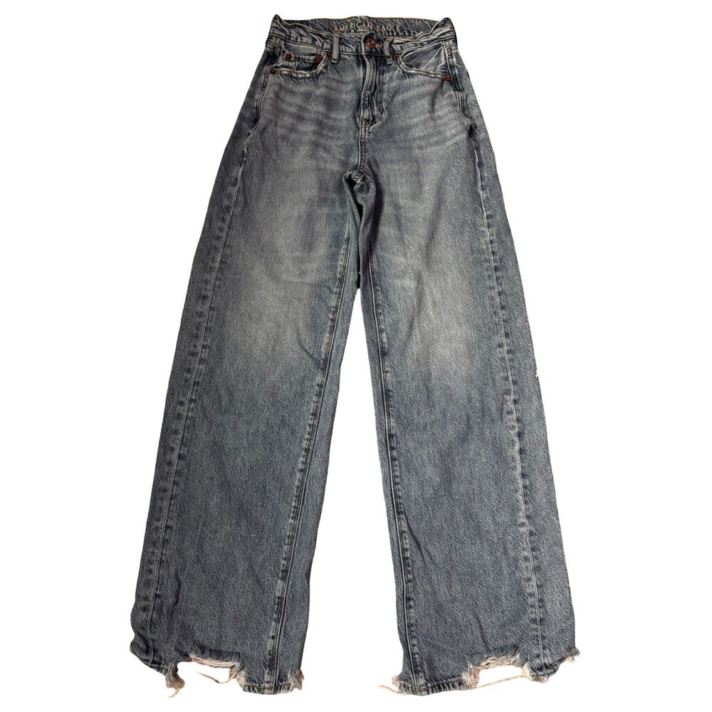 American Eagle Super High Rise Baggy Wide Leg Jeans Light Wash Raw Hem 90s Y2K